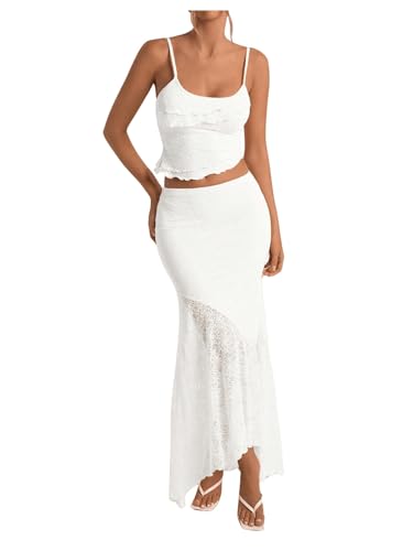 PRSFPN Womens 2 Piece Outfits Ruffled Cami Crop Top & Flowy Maxi Skirt Boho Chic Sets (White Small)