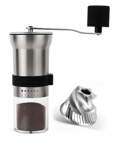 Manual Coffee Grinder with Stainless Steel Burr - 1.12oz Capacity Handheld Mill for Espresso, Drip, Cold Brew with 6 Adjustable Settings & Quiet -Extra Fine Grinding (Stainless Steel Burr)