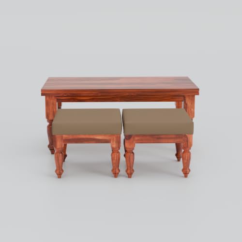 Image of Solid Sheesham Wood Center Coffee Table with 2 Cushioned Stools | Wooden Coffee Table | Space Saving Nesting Design for Living Room, Drawing Room, Hall, Bedroom, Office | Honey Finish
