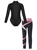 TiaoBug Maillot de Gimnasia Deportiva para Niña Mono de Manga Larga Leotardo Gimnasia Rítmica con Leggings Pantalones de Danza Traje de Ballet B Rosa 7-8 años