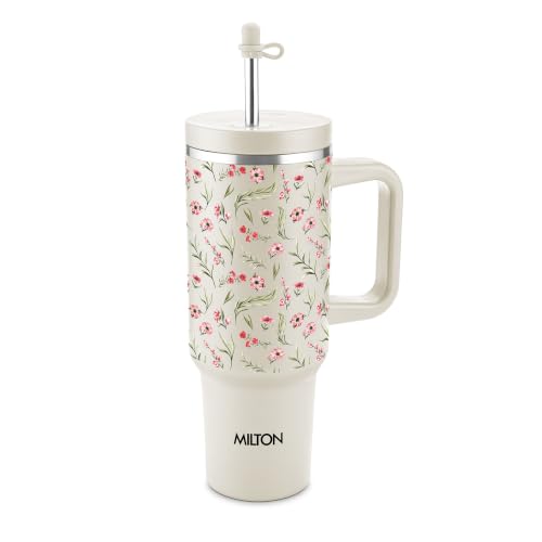 Image of MILTON My Tumbler Studio 1200 Thermosteel Double Wall Vacuum Insulated SS Tumbler with Handle 1100ml, Leak Proof Travel Mug, Straw, Silicon Cap Cleaning Brush, Hot & Cold Beverage Flask, Ivory Floral