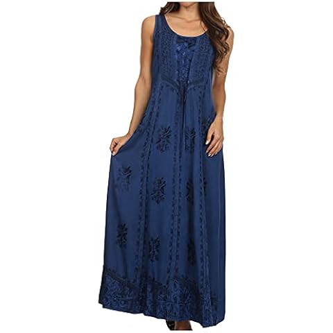 Sakkas 15229 - Stella Long Tank Top Adjustable Caftan Corset Dress with Embroidery - Navy - S/M Cover