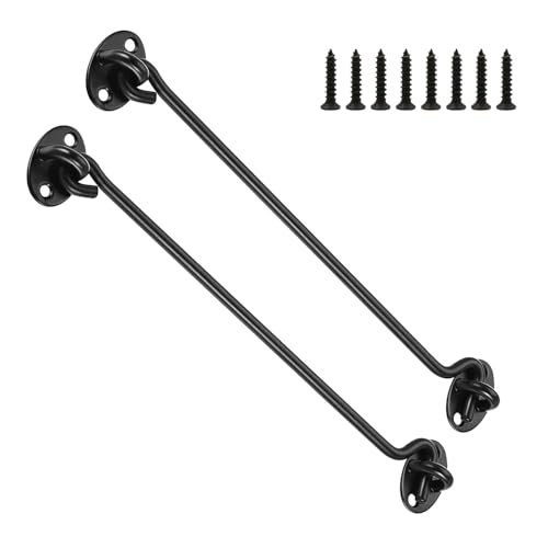 PHMING Pack of 2 Storm Hooks, Black, Hook with Eyelet, 300 mm, Storm Hook with Eyelet and Screws, Door Hook Locking for Windows, Blinds, Garden Sheds