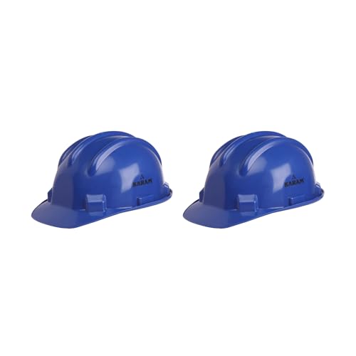 Image of Karam PN501 Safety Helmet for Men Industrial and Construction Use| Manual Adjustment Type with Adjustable Chin Strap| Triple Corrugation and is Certified Safety Helmet Lamination Blue | Pack of 2
