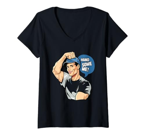 Femme Hand Some Me Jeu de Mots Cartoon Homme Casquette T-Shirt avec Col en V