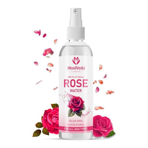 Moolveda Premium Rose Water(Gulab Jal) /Face Toner | Alcohol Free | Cleanses Hydrates & Moisturises Skin | Balances & Restores Skins pH Levels | For All Skin Types 100ml