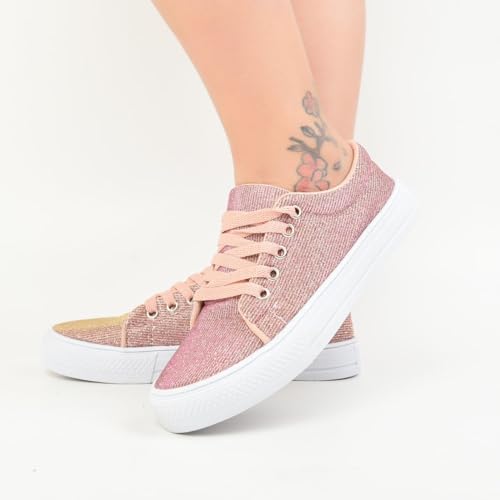 Tênis Feminino Casual de Gliter Sapatênis Confortavel,Leve, pro Dia a Dia (38, rosê)