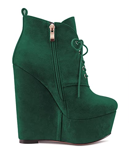 NobleOnly Women High Heel Wedge Platform Round Toe Ankle Boots Short Bootie Lace-up Zipper Dress Classic 6.3 Inches Heels3