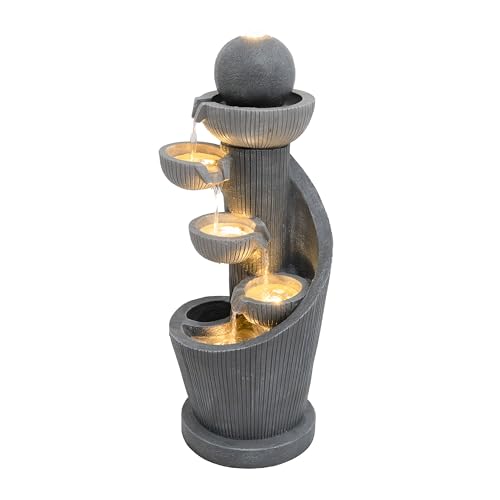 Fontaine de Jardin Cascade Électrique Extérieure Polyresine Gris 3 Lumières LED Blanc Chaud Pompe à Brancher Câble de 7 m Statue Droit Décor Maison...