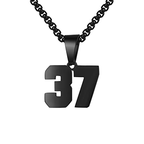 Susook Number Necklace for Boy Black Athletes Number Stainless Steel Chain 00-99 Number Charm Pendant Personalized Sports Jewelry for Men Basketball Baseball Football(37)