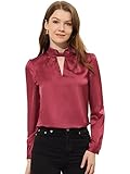 Allegra K Damen Oberteil Arbeit Schlüsselloch Elegant Stehkragen Langarm Satin Bluse T-Shirt Burgund XL