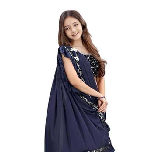 Dhyey fashion Fashionable Baby Girls Lycra Blend Saree with Velvet Unstitched Blouse Piece | Readymade Saree For Girls | Sarees For Girls