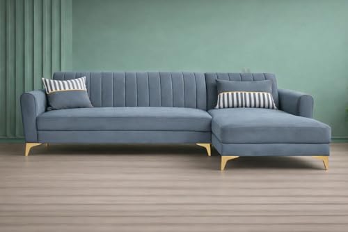 Image of Adorn India Premium Luster 6 Seater L Shape Sofa Set | Velvet Suede Fabric | 3-Year Warranty | RHS |Color Grey with Golden Legs & Striped Pattern Cushion