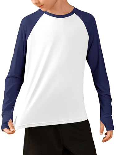 La mejor comparación de Camisetas y camisas deportivas para Niño los mejores 10. 46 Camisetas atléticas de manga larga raglán para niños de secado rápido con agujeros para el pulgar, Azul oscuro, 11-12 Años