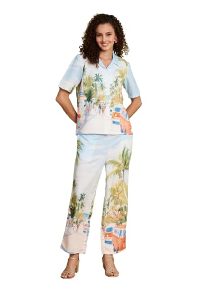 Women's Scenic Printed Shirt & Wide Leg Pants Co-Ord Set | Multicolor Half Sleeve Button Down Two Piece Outfit | Casual, Vacation & Resort Wear-Size XS-picture-24