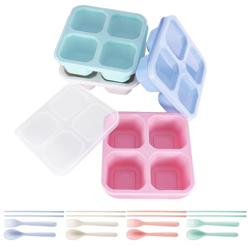 WYTNB - 4Pcs Boîtes à Collation à 4 Compartiments, Conteneurs de Stockage Alimentaire Divisés, Boîtes à Lunch Réutilisables, Conteneurs de Préparation de Repas pour Ecole Voyage Travail (Rose/Bleu/Vert/Beige)