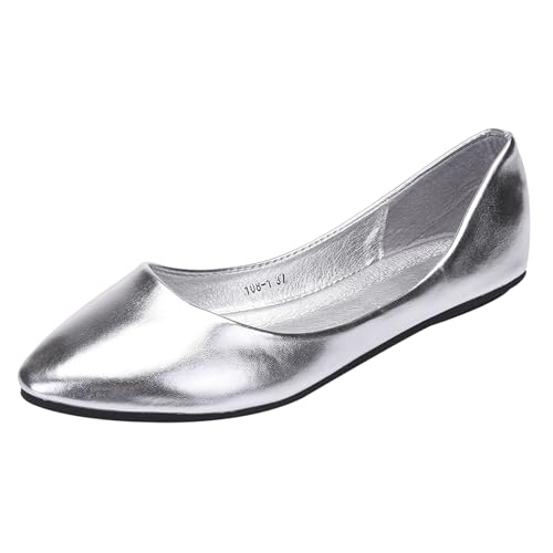 ANUFER Women's Ballet Flats Pointed-Toe Microfiber Leather Slip-on Dress Pumps Shoes Silver SN020536 UK7=EU40.5=CN42