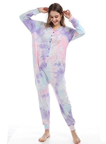 Lifeye Womens Onesie Pajamas Romper Sleepwear Set Tie Dye Long Sleeve Jumpsuit Homewear with Drop Seat Butt Flap2