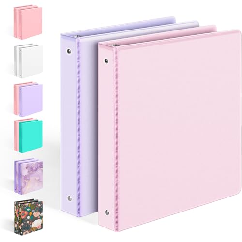 2 Pack BinderX Extra Durable 3 Ring Binder 1 Inch Binder Round Rings Fits 350 Sheets of 8.5x11 Paper Customizable View Cover with Inside Pockets Cute 1 Inch Binders 3 Ring Pink & Purple