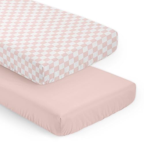 Image of Sweet Jojo Designs 2-Piece Baby Crib Sheets Set (Pink Gingham Checkered Plaid) for Girls, Infant Nursery, Toddler Room - Fitted, Standard Size (Solid Blush and Vintage, Classic, Checkerboard, Retro)