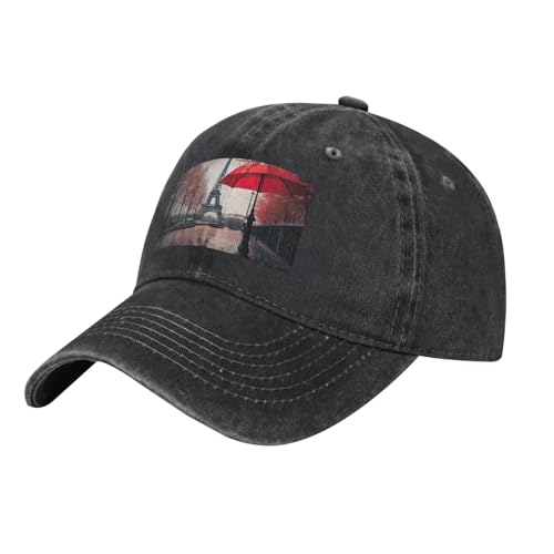 JGHHOUN Eiffel Tower with Red Umbrella Print Breathable Washed Denim Baseball Cap Outdoor Festival Travel Golf Fishing Camping, Black, One Size