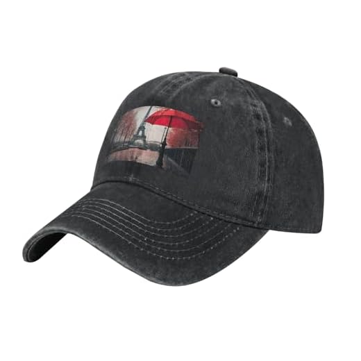 JGHHOUN Eiffel Tower with Red Umbrella Print Breathable Washed Denim Baseball Cap Outdoor Festival Travel Golf Fishing Camping, Black, One Size