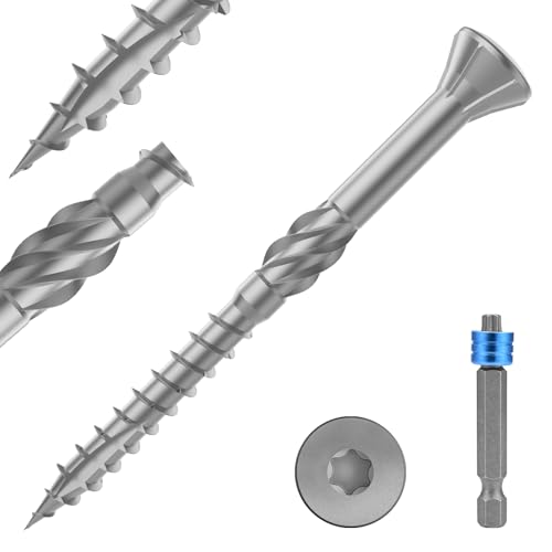 TCO Terrassenschraube Edelstahl C1 5x50mm 200 Stück Terrassendielen Schrauben mit Zier-Senkkopf Cut-Spitze Reibteil Schneidkerbe Sägezahn Gewindeschliff & T25 Magnetic Bit