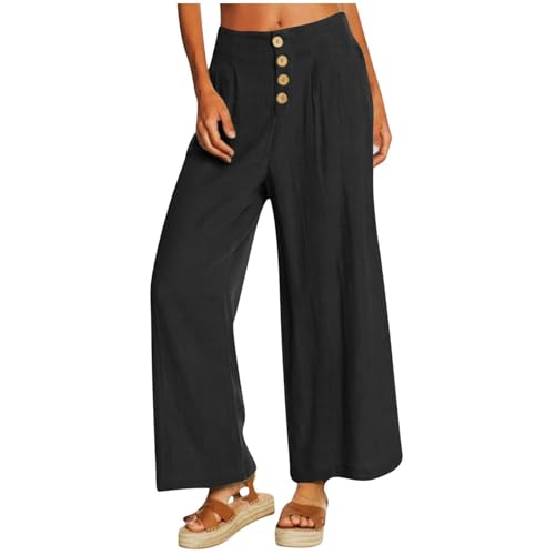 Summer Wide Leg Pants for Women Lightweight Breathable Cotton Linen Pant Stretchy Casual Trousers with Button Pockets