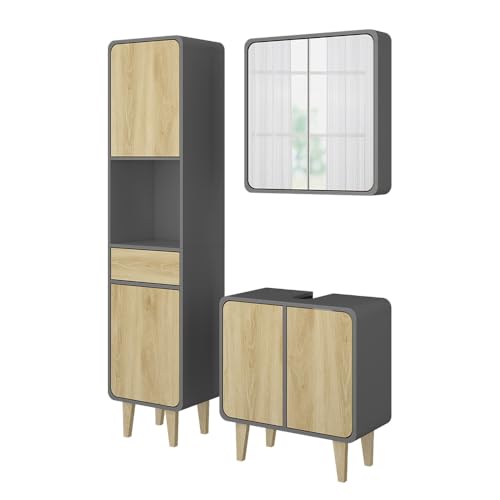 Vicco Meubles Bain Arla, Anthracite/chêne, 60 cm, composé d’Un Meuble sous-lavabo, d’Une Armoire Miroir et d’Une Colonne de Rangement