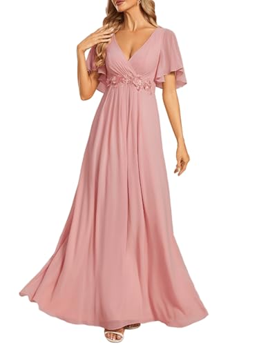 Image of Ever-Pretty Women's Spring Short Sleeve Bridesmaid Dresses V-Neck Chiffon Ruched Empire Waist Appliques Long Formal Dress