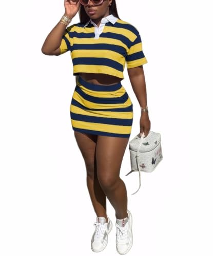 Image of HBQ Women's Casual Two Piece Skirt Sets Polo Collar Crop Top Striped Mini Dress Summer Vacation-Stripe-M