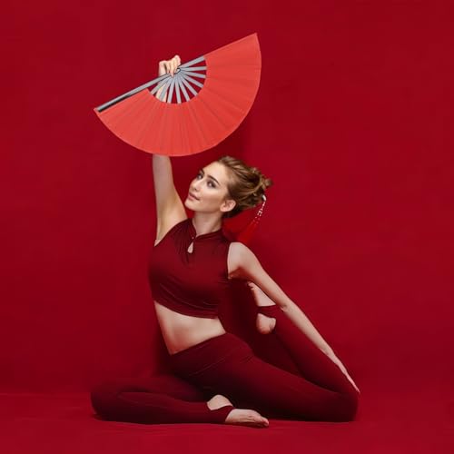 2 Pack Large Folding Hand Fan, red Chinese Kung Fu Tai Chi Fan Nylon-Cloth Fan for Men and Women Performance, Dance, Decorations, Festival, Gift (Folding Fan red 2p+case)