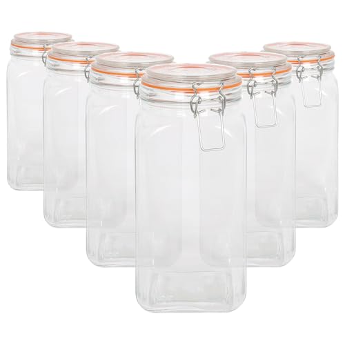 Argon Tableware 1.7L Square Glass Jars with Clip-top Lids - 6pc Airtight Kitchen Mason Jar Food Storage Preserving Container for Pickling, Chutney, Jam, Coffee, Oats