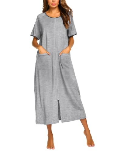 Image of Ekouaer Women Robe Zipper Short Sleeves Full Length House Coat with Pockets