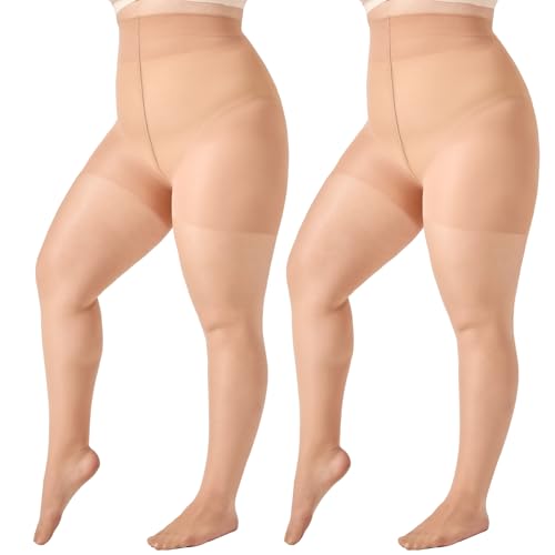 WiliW 2 Pairs Plus Size Control Top Pantyhose Ultra High Waist Sheer Tights Tummy Shaping Stockings for Women