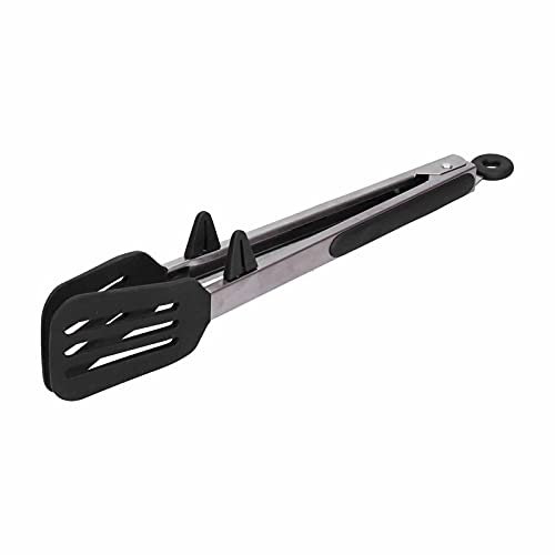 Fydun Cooking Tongs, Stainless Steel Kitchen Silicone Serving Steel Silicone Food Shovel Clamp/Holder Tongs Food Spatula Clamp Meat Barbecue Steak Baking Tool for Home BBQ (12-inch Black Stand)