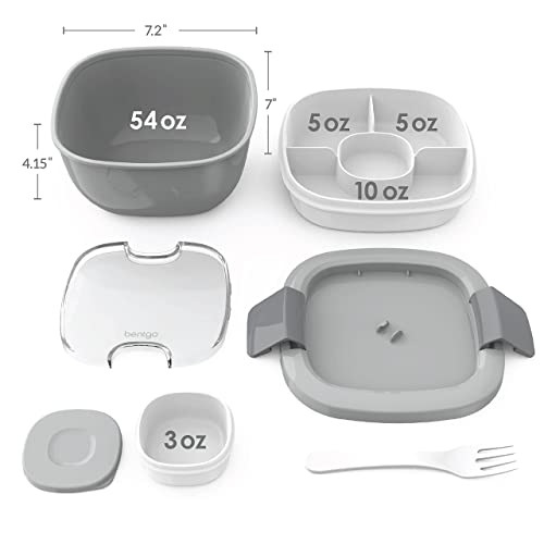 Bentgo® Salad - Stackable Lunch Container With Large 54-Oz Salad Bowl, 4-Compartment Bento-Style Tray For Toppings, 3-Oz Sauce Container For Dressings, Built-In Reusable Fork & Bpa-Free (Gray) #TOP5