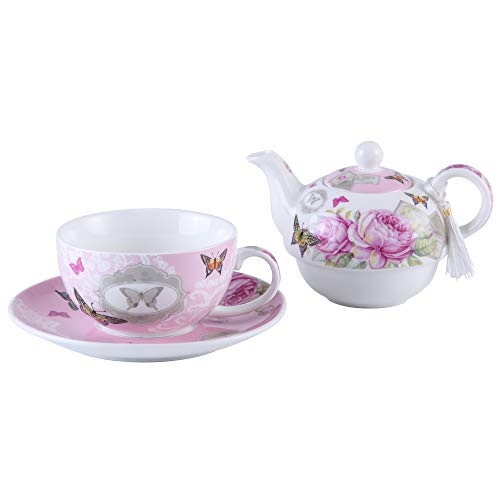 Miniatura 6 de London Boutique Juego De Taza De Té De Cerámica Para Una Tetera Con Diseño Vintage De Flores Y Lavanda Rosa Mariposa Rosa