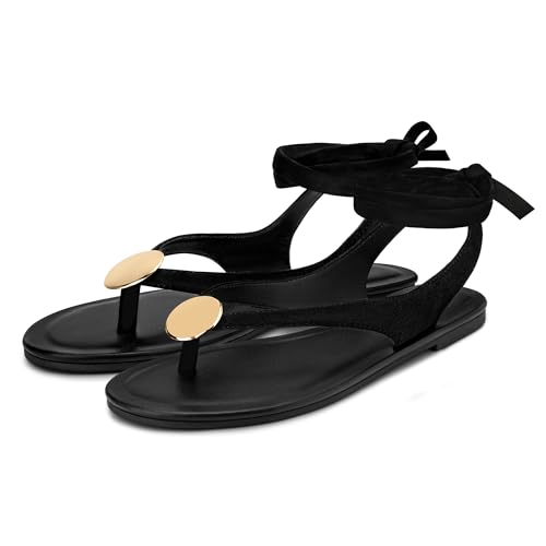Carcuume Women's Suede Flat Sandals with Metallic Accents Adjustable Strappy Flip Flops for Beach Vacation Casual Outings Cushioned Dressy Slides,MOLAZY-BLACK PU-9