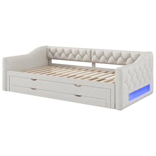 Luscriate Cama de día tapizada 90 × 200 con iluminación LED, cama nido y 3 cajones – Sofá cama moderno con espacio de almacenamiento para dormitorio, habitación de invitados y dormitorio juvenil - imagen 6