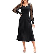 MIHOLL Women's Ribbed Knit Dress Crew Neck Pleated Midi Dresses Mesh Puff Long Sleeve Flowy Sweat...