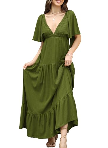 Image of Kikibell Women Summer Dresses Sexy V-Neck Maxi Dress Tiered Silhouette with Flutter Sleeve Backless Elastic Waist Flowy Dress