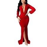 Women Sexy Deep V Neck Lantern Long Sleeve Formal Evening Party Gowns Ruched Bodycon Maxi Long Dress...