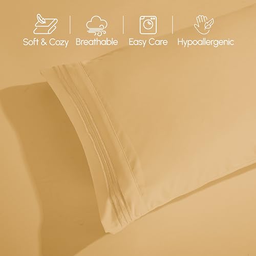 Image of Elegant Comfort Luxurious 1500 Premium Hotel Quality Microfiber Three Line Embroidered Softest 4-Piece Bed Sheet Set, Wrinkle and Fade Resistant, RV Short Queen, Gold
