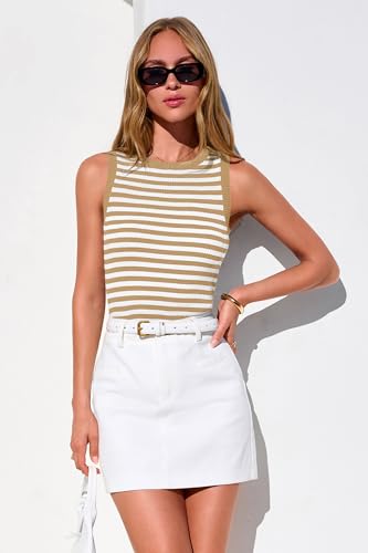 Image of PRETTYGARDEN Summer High Neck Striped Tank Tops for Women Casual Sleeveless Sweaters Basic Ribbed Knit Slim Fitted Shirts