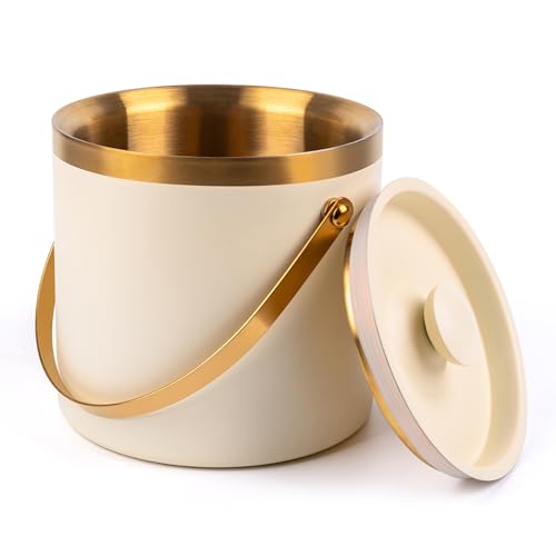 3L beige white Double Wall Insulated Stainless Steel Ice Bucket with scoop for Cocktail Bar,Metal Ice Bucket for freezer with Lid for parties.ice Container to Keep Ice Colder,bar cart accessories