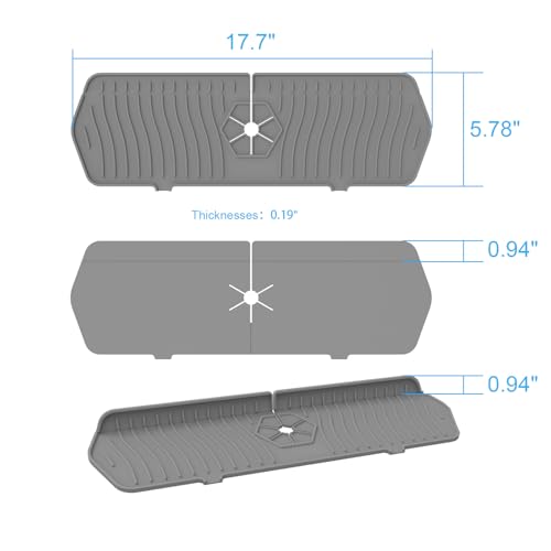 Image of Sink Drain Mat Behind Faucet,Faucet Guard Draining Mat, 90 Foldable Tap Draining Mat for Kitchen Sink with 2 Water Ports, Faucet Drain Mats for Kitchen, Bathroom, etc (Gray, 17.7 inch*5.78 inch)