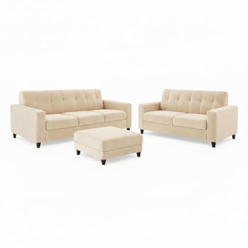 Image of Homeboy Luxe Velvet-Suede Fabric 3 + 2 Seater with Ottoman Sofa Set | Comfortable & Spacious Seating for Upto 6 Person | Modern Sofa Set for Living Room - Cream