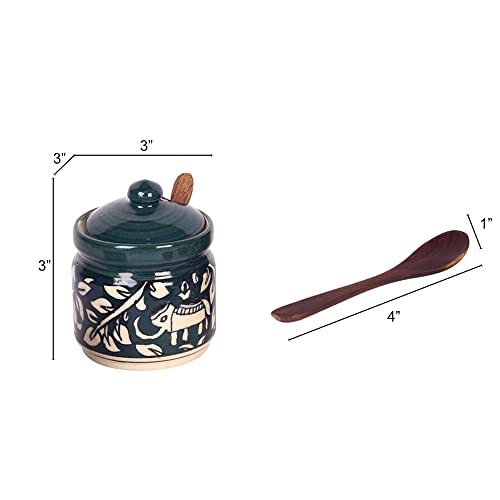 Image of AAKRITI ART CREATIONS Jungle Elephants Pickle Barni Set of 2 with Spoon | Ceramic Achar ki Barni & Mukhwas Box | Handcrafted Madhubani Storage Jar for Spice, Pickle & Chatni