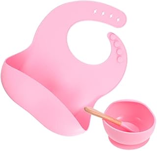 SECFOU 3pcs/Set Infant Self Baby Pocket Dinning Toddler Snaps Adjustable for Feeding / Bowl Bibs Bib Spoon Eating Food Silicone Safe Bowls and Apron Pink Catcher Spoons Kids Supplies